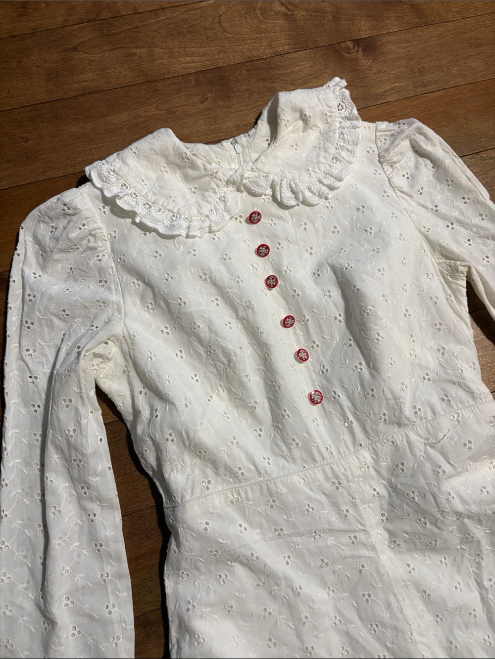 Vintage White Eyelet Maxi Dress with Red Floral Buttons and Ruffle Collar - Picture 2 of 13